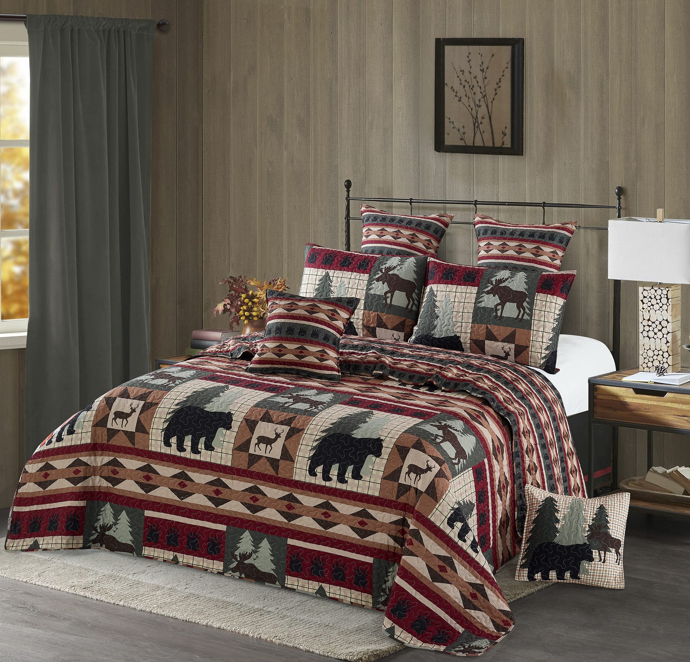 Virah Bella 3 Piece Queen Lodge Quilt Bedding Set - Wildlife Patch - Rustic Cabin Country Reversible Camping Comforter Set With